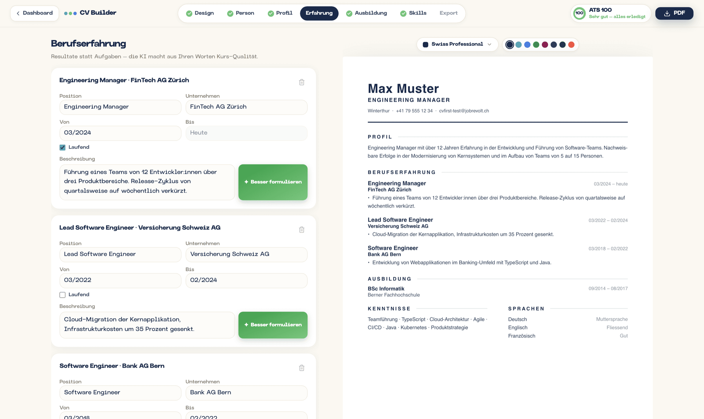 JobRevolt CV-Builder: Berufserfahrung mit KI-Formulierung im Editor links, fertiger Lebenslauf (Vorlage Swiss Professional) in der Live-Vorschau rechts