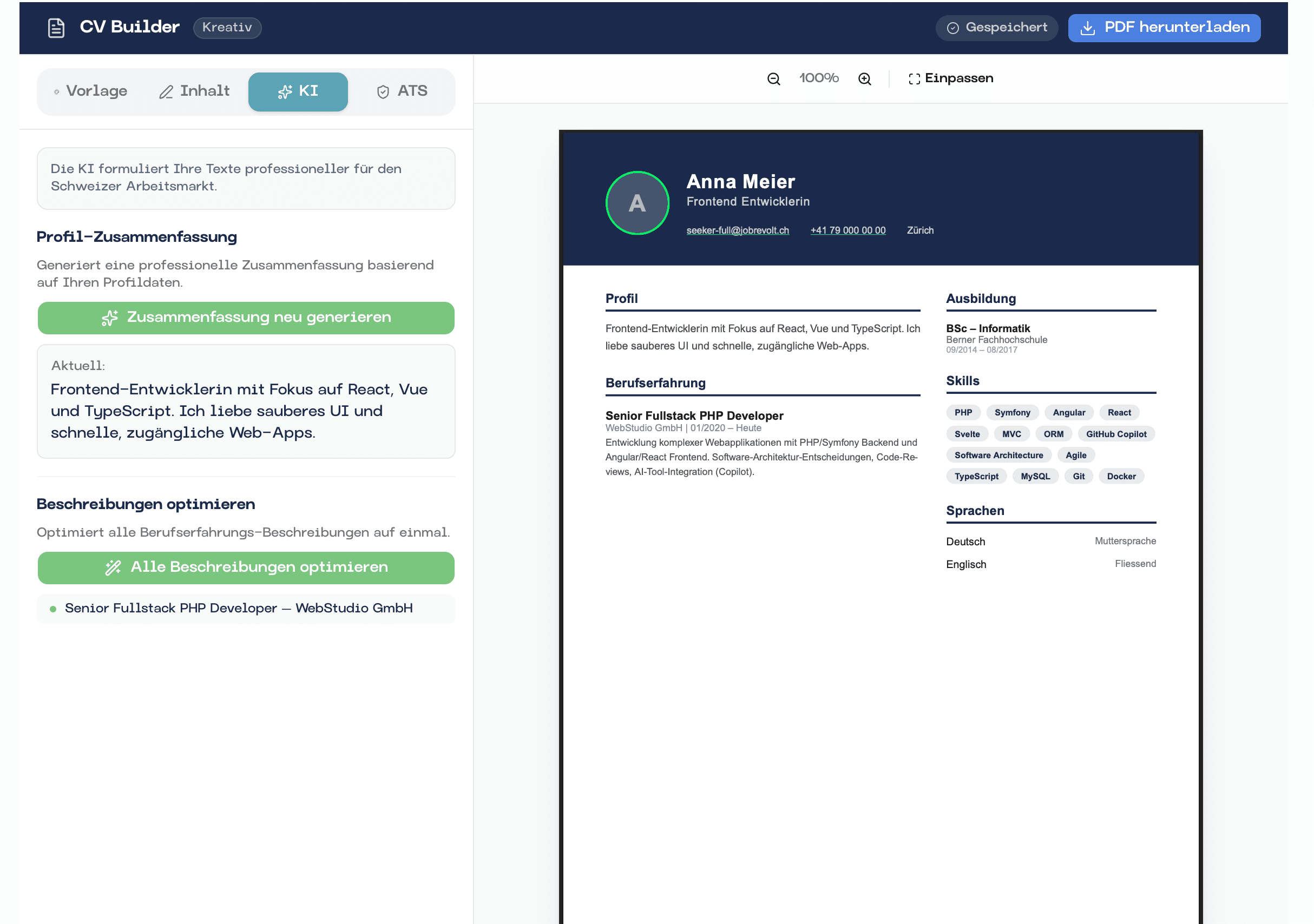 JobRevolt CV-Builder: KI-Optimierung im Editor links, fertiger Lebenslauf (Vorlage Kreativ) in der Live-Vorschau rechts