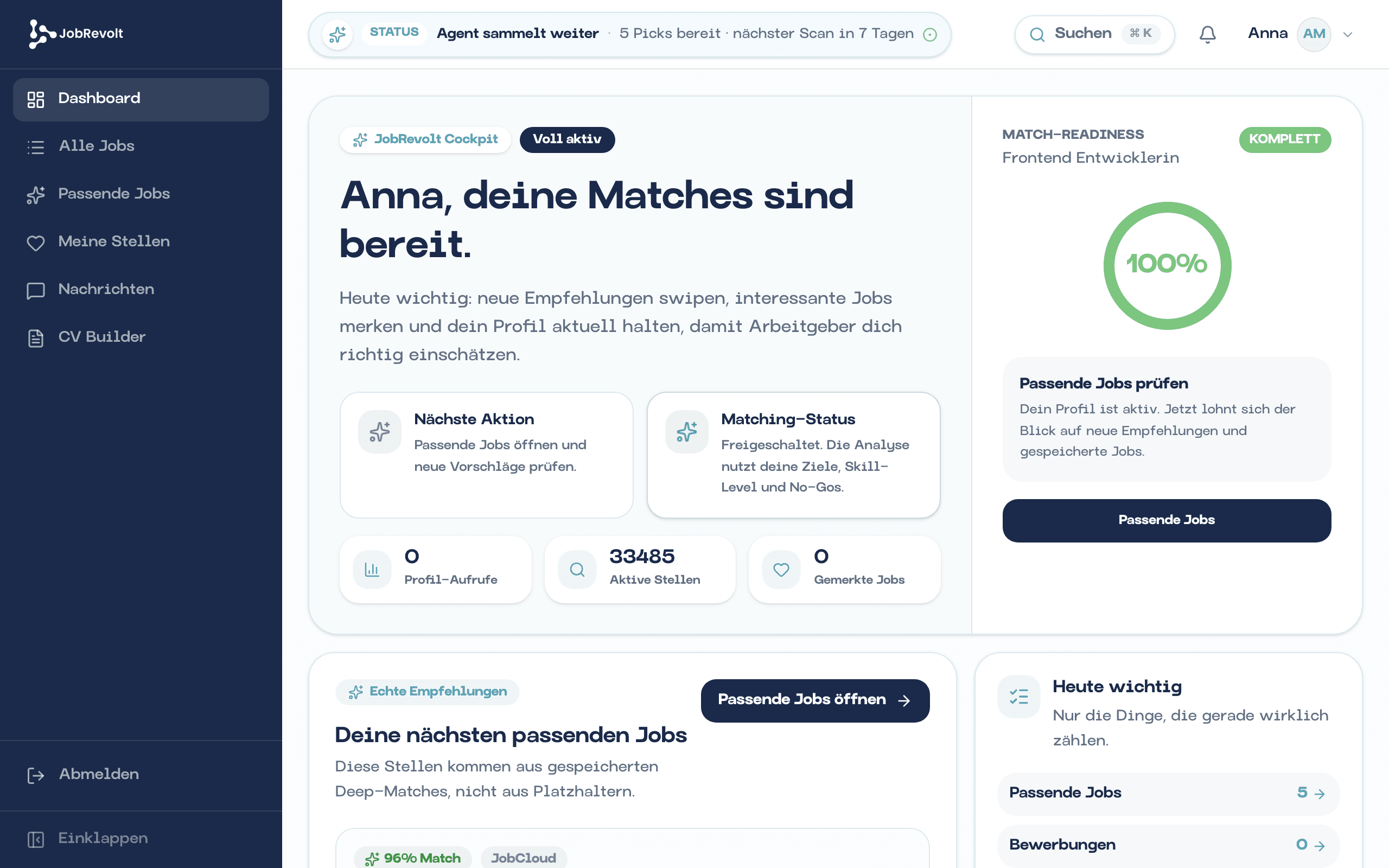 Seeker-Dashboard mit bereitstehenden Matches und Match-Score